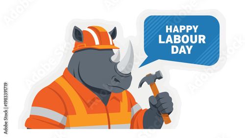 Labor Day Rhino's Salute: A construction worker rhino celebrates Labor Day, embodying strength and dedication. The rhino, donning a helmet and holding a hammer.