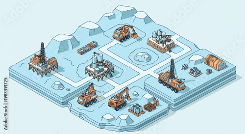 Isometric illustration of an industrial arctic drilling and extraction site with heavy machinery and equipment.