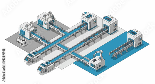 Isometric view of a modern automated factory production line with robotic arms and conveyor belts.