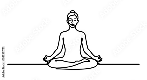 A stylized line drawing of a figure meditating in a lotus pose