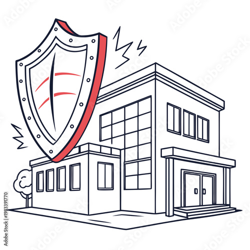 Robust shield protecting modern building from threats with lightning bolts symbolizing danger and effective security measures in place.