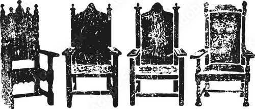 Four vintage carved wooden armchairs with high backs in a row, classic antique furniture designs