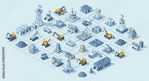Isometric pixel art construction site with heavy machinery, buildings, and industrial elements.