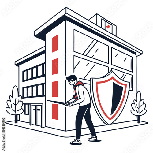 Man with a crowbar near a business building with a shield, symbolizing a cyber threat or physical security breach attempt on corporate assets.