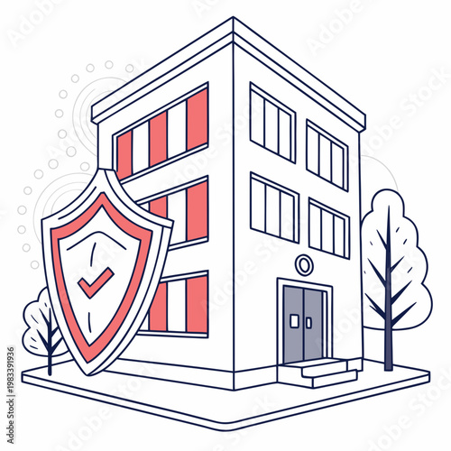 Isometric building protection concept with large safety shield featuring checkmark symbol representing secure commercial property insurance services.