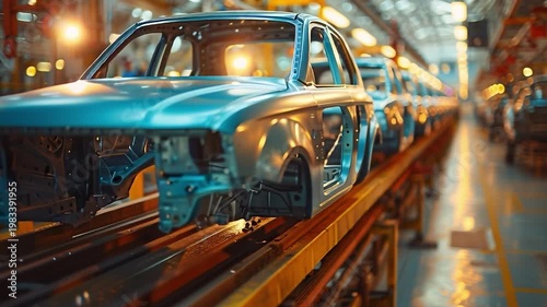Wallpaper Mural Multiple blue car frames effortlessly slide along a sophisticated assembly line under intense overhead lighting within a state-of-the-art automotive manufacturing facility Torontodigital.ca