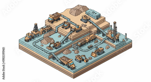 Isometric illustration of a mining operation with trucks, excavators, conveyor belts, and processing equipment.