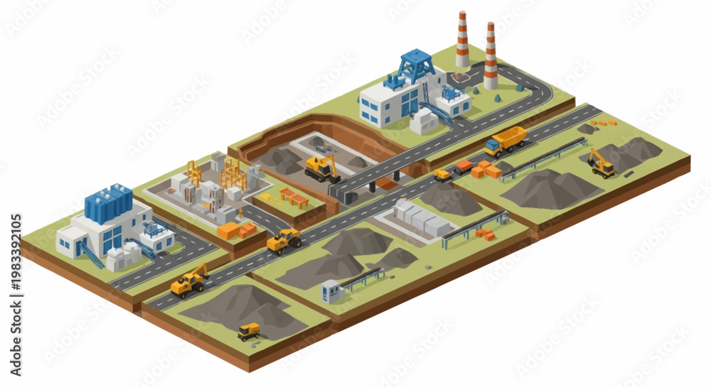Obraz premium Isometric illustration of an industrial coal mining operation with extraction, processing, and transportation stages.