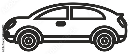 Black vector icon of a modern hatchback car, minimalist line art illustration of a vehicle, side view silhouette symbol for automotive transportation, travel, and mobility, scalable graphic.