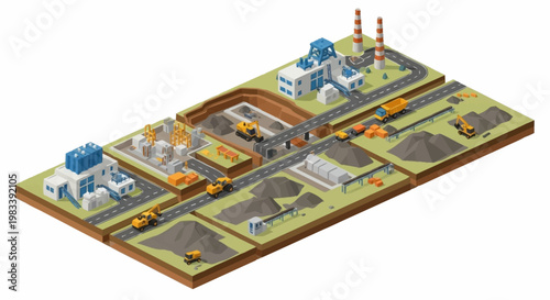 Isometric illustration of an industrial coal mining operation with extraction, processing, and transportation stages.