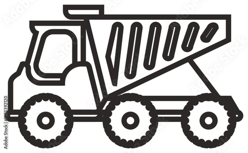 Heavy-duty dump truck vector icon, minimalist black line art illustration of a construction tipper truck for industrial and mining projects, scalable graphic symbol for transport and machinery.