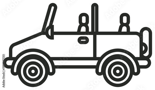 Black outline vector icon of an open-top off-road vehicle or safari jeep with two passengers and a spare tire, minimalist illustration for travel, adventure, and transportation graphic design.