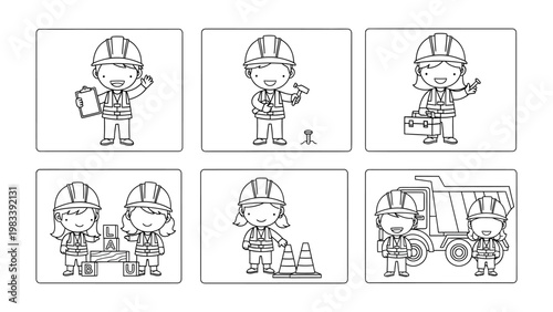 Construction Crew:  A collection of illustrated construction workers, each engaged in a different task, showcasing a range of activities within the construction industry.