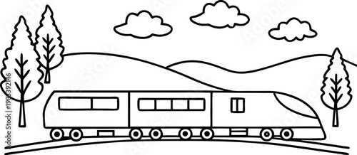 High speed passenger train traveling through scenic countryside with hills, trees, and clouds