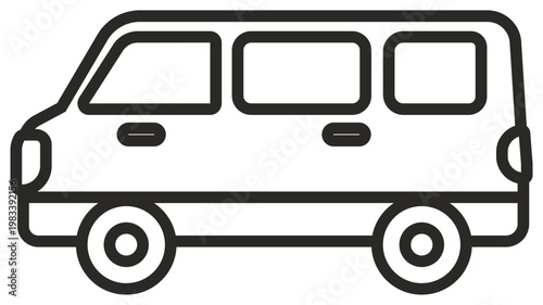 Minimalist black and white vector line art illustration of a minivan or microbus icon, featuring a side view profile of a passenger van with windows and wheels for transport and travel graphics.