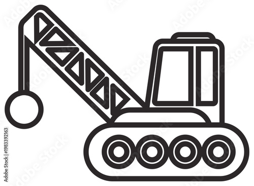 Wrecking ball crane vector icon illustration for demolition and construction projects, featuring a heavy machinery crawler with a large metal ball for building destruction and site clearing.