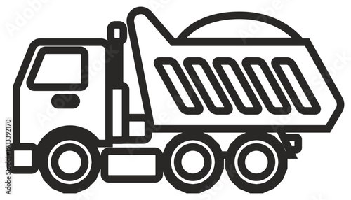 Heavy-duty dump truck vector icon with thick black outlines. Minimalist illustration of a construction tipper vehicle carrying a load of gravel or sand for industrial transport and logistics.
