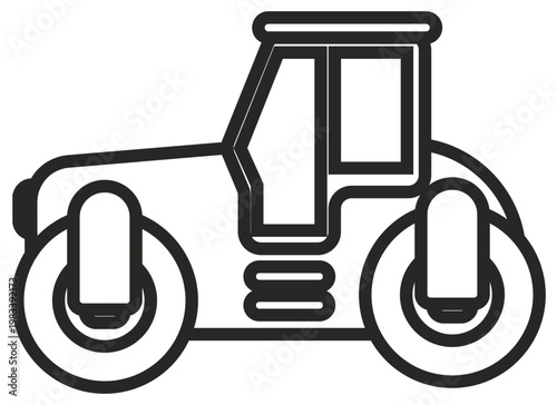 Road roller vector icon illustration, black line art symbol of heavy construction machinery for asphalt paving and roadwork, minimalist industrial equipment graphic for building and engineering.