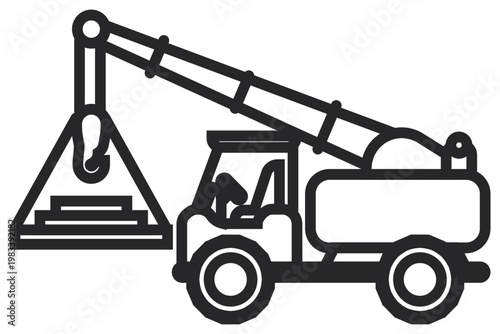 Black vector icon of a mobile crane truck with a telescopic boom lifting a heavy load, minimalist industrial construction vehicle illustration for graphic design and web symbols.