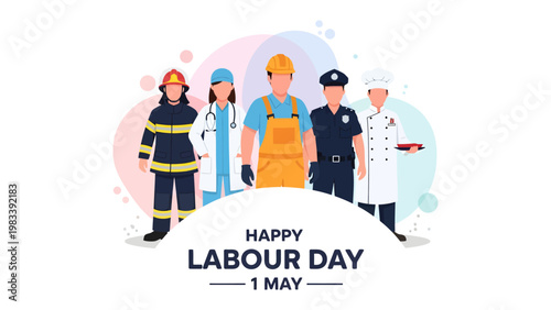Diverse Professionals in Unity: An illustrative panorama of dedicated professionals from various essential vocations stands united to celebrate Labour Day.
