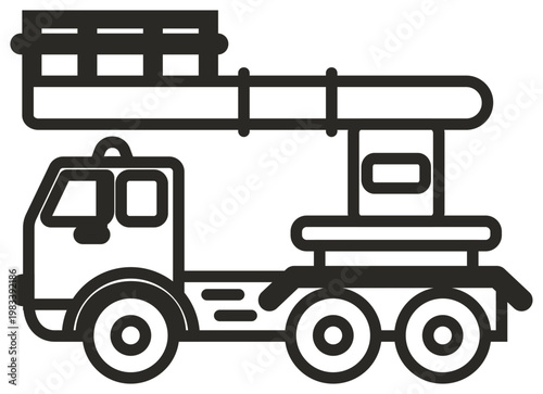 Cherry picker truck vector icon. A black line art illustration of a utility bucket truck with a hydraulic lift arm and aerial platform for maintenance, construction, and emergency service work.