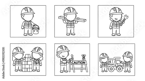 Construction Crew at Work: A collection of illustrations showcases construction workers at work, engaged in various tasks. Each scene presents a different aspect of construction