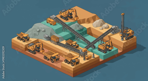 Isometric illustration of a mining operation with excavators, trucks, and conveyor belts.