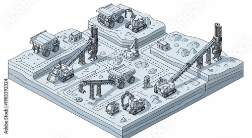 Isometric illustration of a mining operation with heavy machinery and excavation sites.