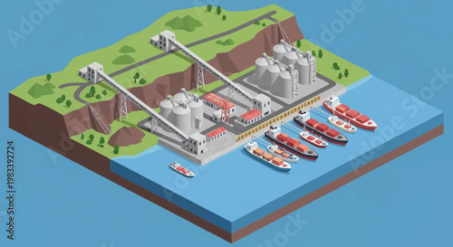 Industrial port with cargo ships and silos for bulk material storage and transport.