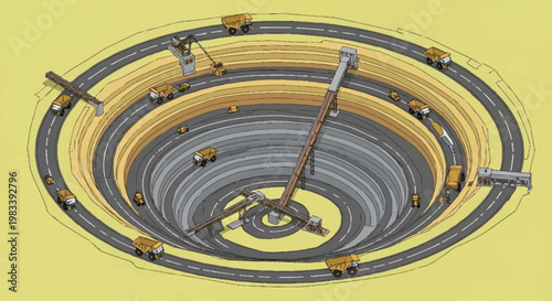 Aerial view of a large open-pit mine with trucks and excavators working on multiple levels.