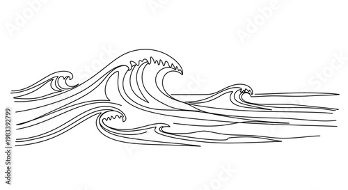 Minimalist black line drawing of dynamic ocean waves crashing