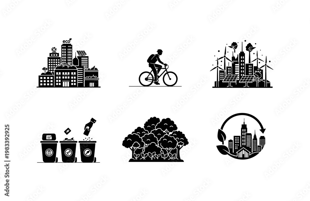 Naklejka premium Sustainable urban living concepts with eco-friendly city elements and recycling icons