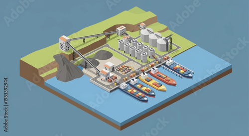 Industrial port facility with cargo ships loading and unloading materials from silos and conveyor belts.