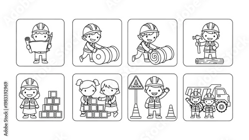 Construction Workers and Helpers in Action: charming line art construction workers in various roles, illustrating different phases and tasks of a construction project.