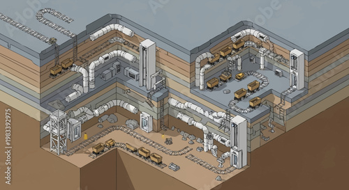 Cross-section of an underground mining operation with tunnels, carts, and machinery.