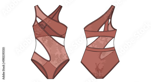 Detailed fashion flat illustration of a contemporary women's asymmetrical one-piece swimsuit featuring chic cut-outs and sheer mesh panels,