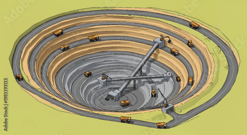 Aerial view of a large open-pit mine with trucks and conveyor belts.