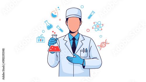 Scientist in Laboratory: A focused scientist, garbed in a pristine lab coat, diligently holds a flask of vibrant liquid amidst a collection of scientific icons.