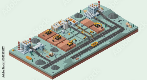 Isometric view of a modern industrial mining operation with heavy machinery and processing plants.