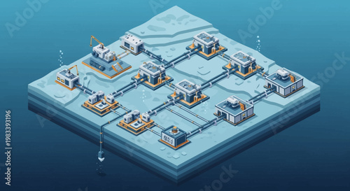 Isometric illustration of an offshore oil rig platform with pipelines and support buildings on a blue background.