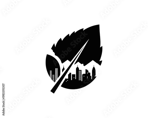 Eco-friendly urban leaf with cityscape silhouette design