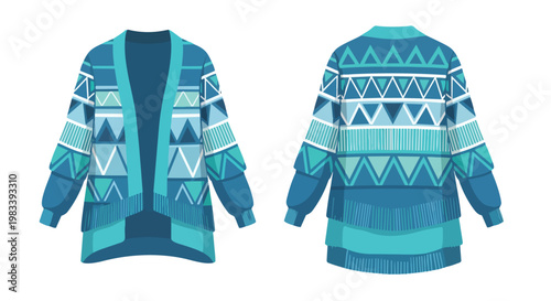 A modern knitted cardigan with geometric blue and teal patterns, front and back, emphasizing cozy winter style, offering unique textile artistry and