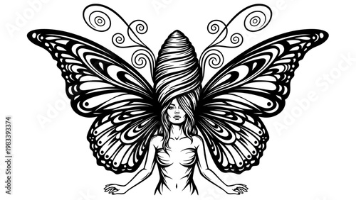 Enchanting Butterfly Woman with Swirling Hair and Ornate Wings