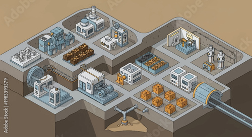 Isometric view of an underground industrial complex with multiple buildings and tunnels.