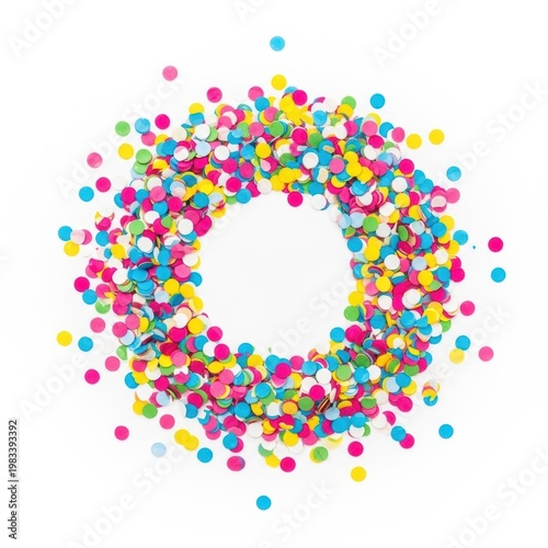 A circular arrangement of colorful paper confetti pieces forming an empty center on white background
