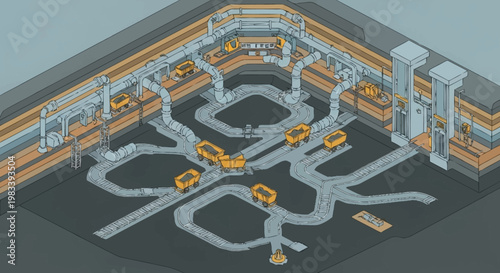Isometric view of a futuristic underground transportation system with yellow autonomous vehicles moving through tunnels.