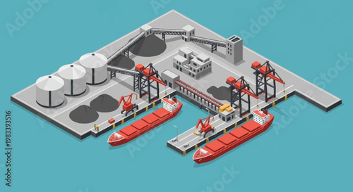Isometric view of a modern industrial port with cargo ships, cranes, and storage silos for bulk materials.