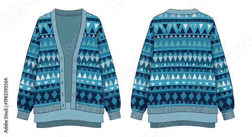 Stylish blue geometric pattern cardigan flat sketch with front and back views showcasing a modern winter knitwear design for contemporary fashion