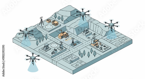 Futuristic city planning with drones and advanced technology for urban development and surveillance.
