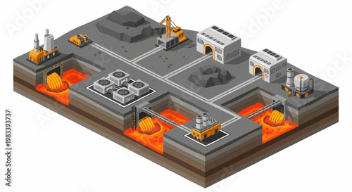 Isometric view of a mining operation extracting resources from molten lava, featuring industrial buildings and heavy machinery.